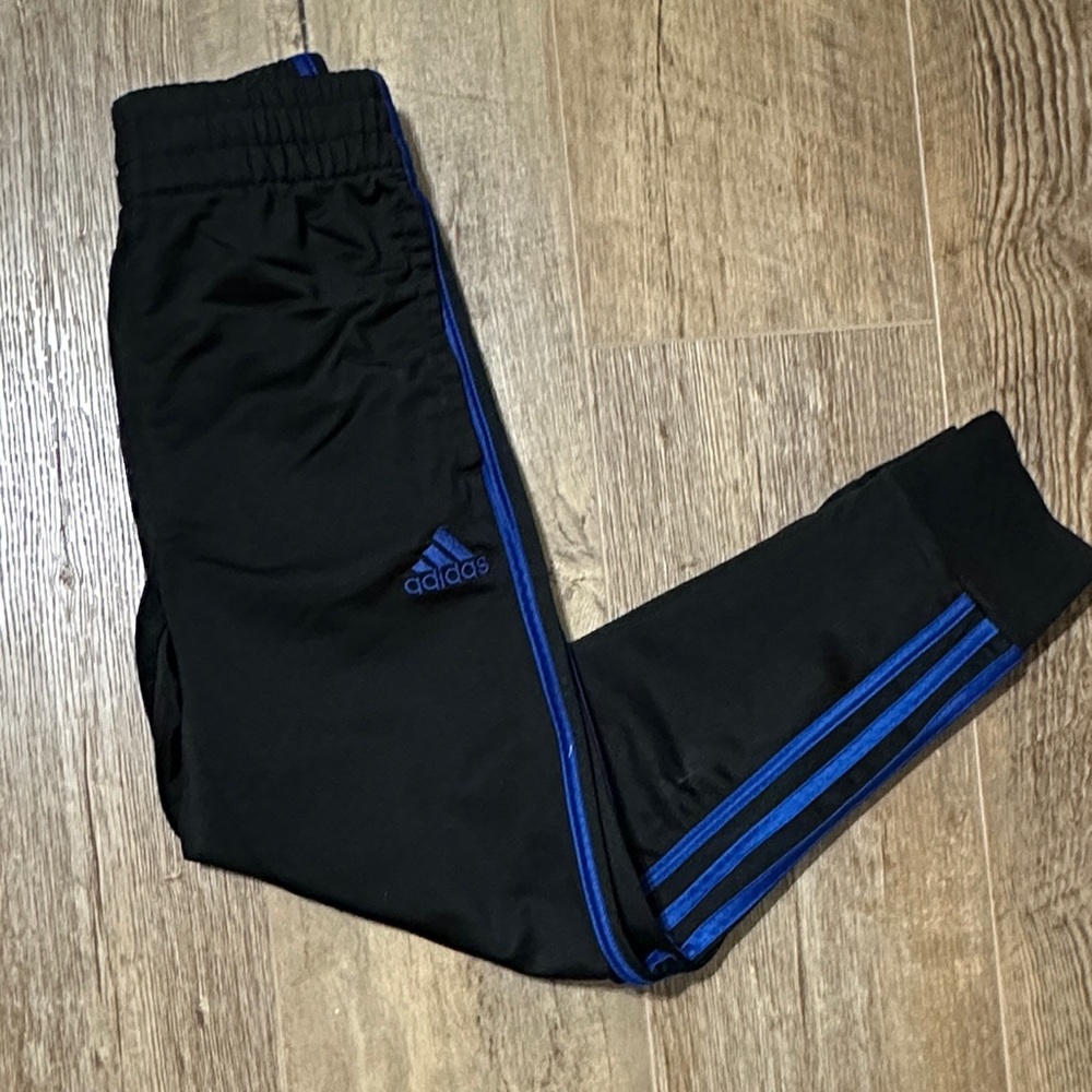 Adidas Kids Black Joggers with Blue Stripes